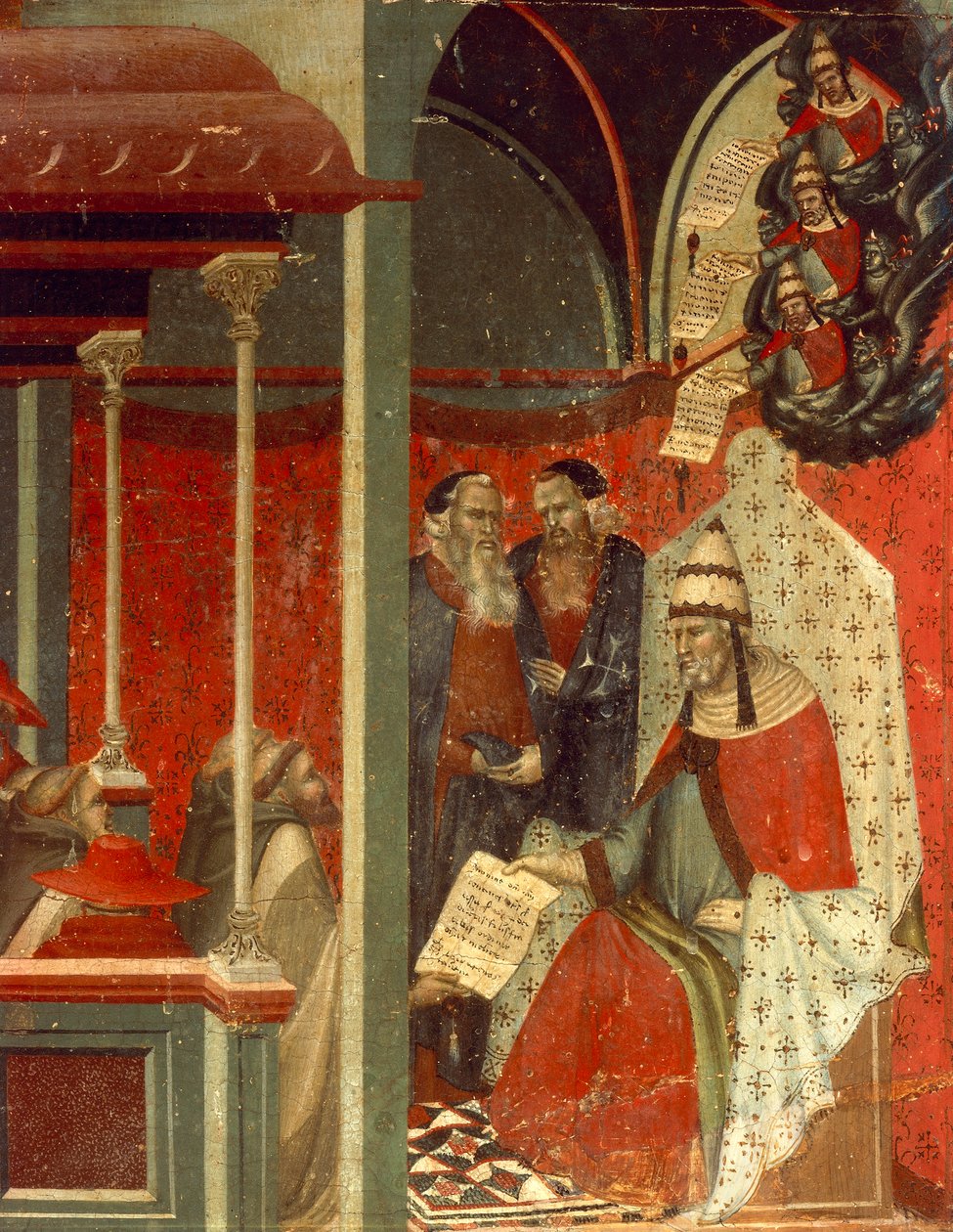 Honoriusz III zatwierdzający regułę karmelitów, detal z predelli ołtarza dla Karminów, autorstwa Pietro Lorenzettiego (ok. 1280-1348), tempera i złoto na desce autorstwa Pietro Lorenzetti