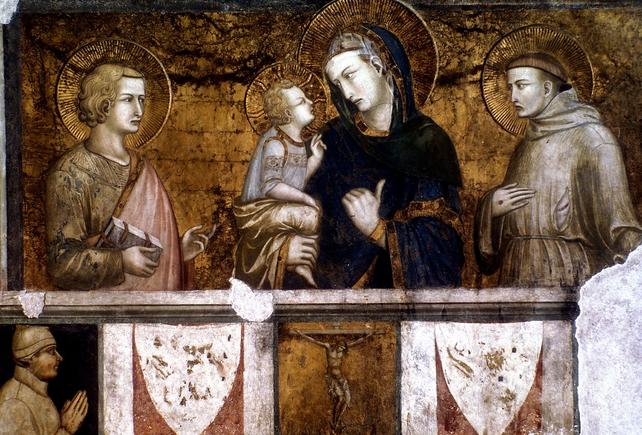 Madonna z Dzieciątkiem między św. Franciszkiem a św. Janem Ewangelistą, ok. 1320 r. autorstwa Pietro Lorenzetti