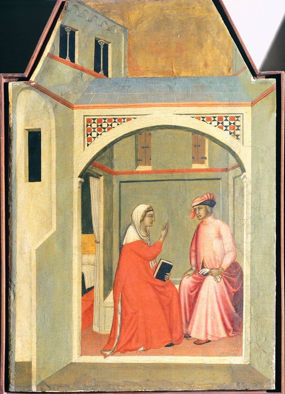 Rosana oddziela się od męża Ugolotta, aby żyć w świętości, kafelek z ołtarza Błogosławionej Pokory, autorstwa Pietro Lorenzetti (ok. 1280-1348), tempera i złoto na desce. autorstwa Pietro Lorenzetti