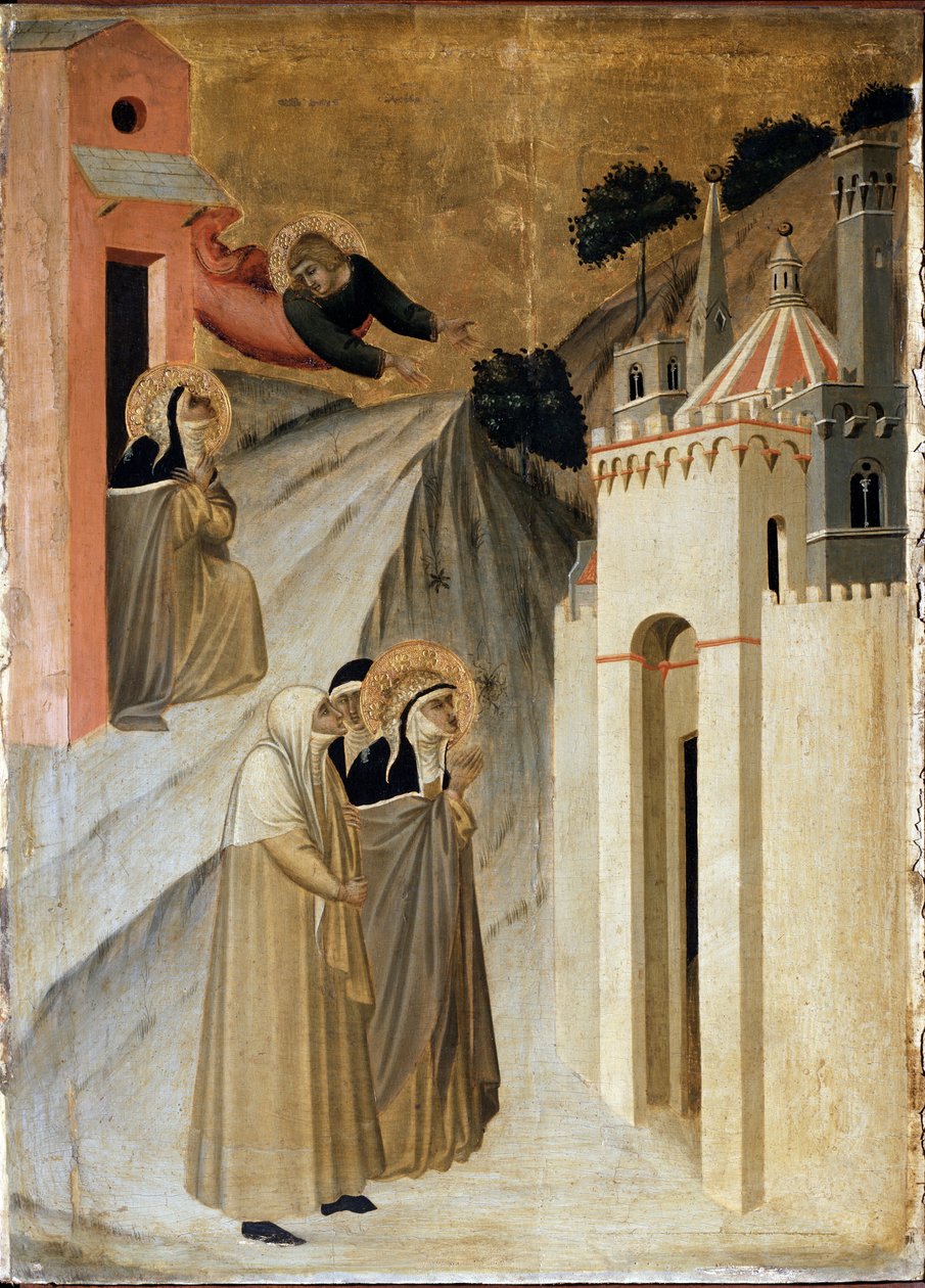 Św. Pokora przybywa do Florencji (szczegół życia poliptykowego Św. Pokory) - Detrempe na drewnie autorstwa Pietro Lorenzetti