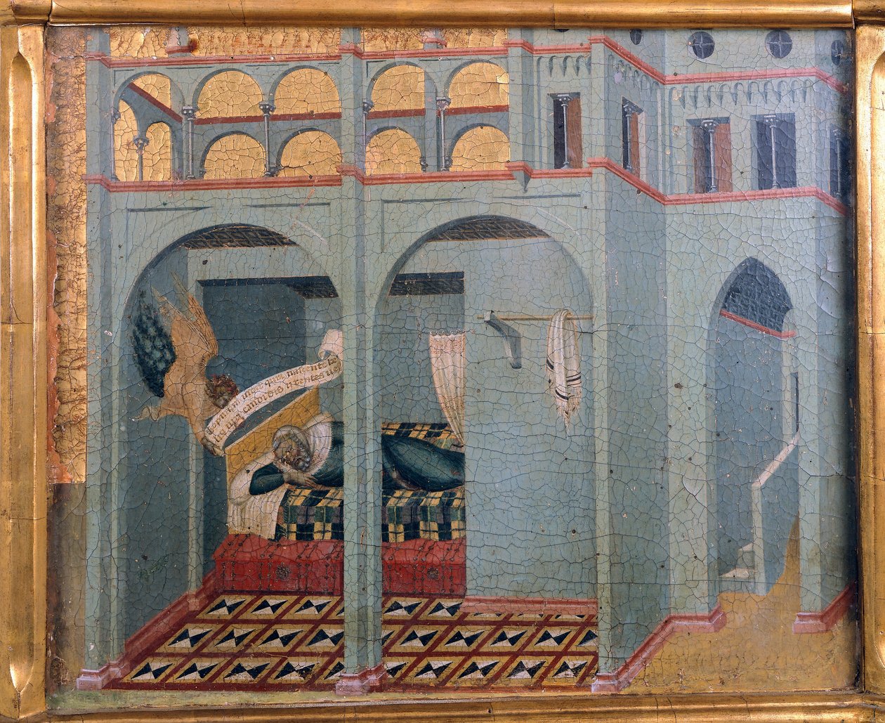 Sobac, sen ojca Eliasza, detal z predelli Ołtarza Karminowego Pietro Lorenzettiego (ok. 1280-ok. 1348), tempera i złoto na drewnie autorstwa Pietro Lorenzetti