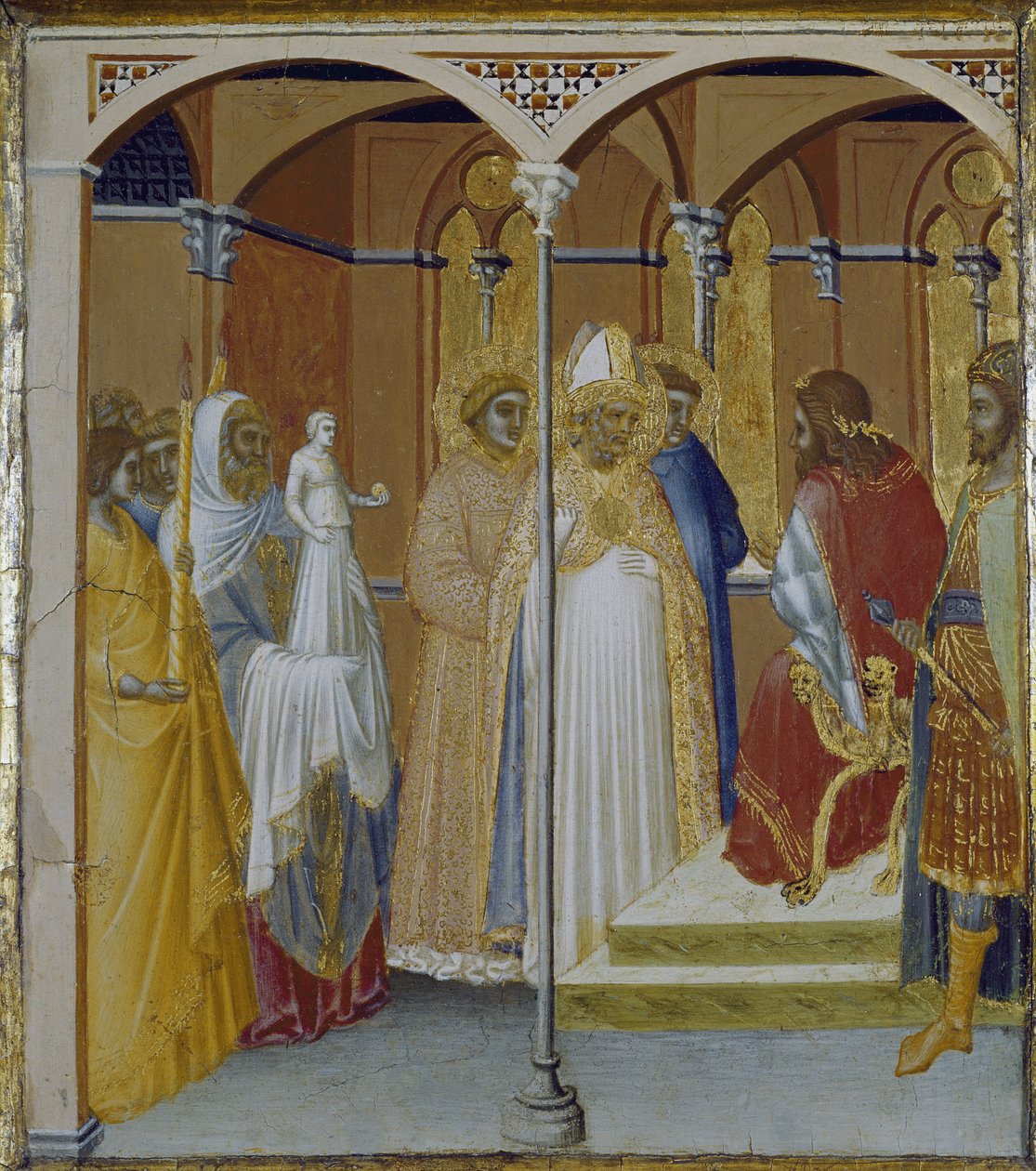 Św Sabina z Spolete przed gubernatorem Toskanii Venustiano (tempera i złoty liść na drewnie) autorstwa Pietro Lorenzetti