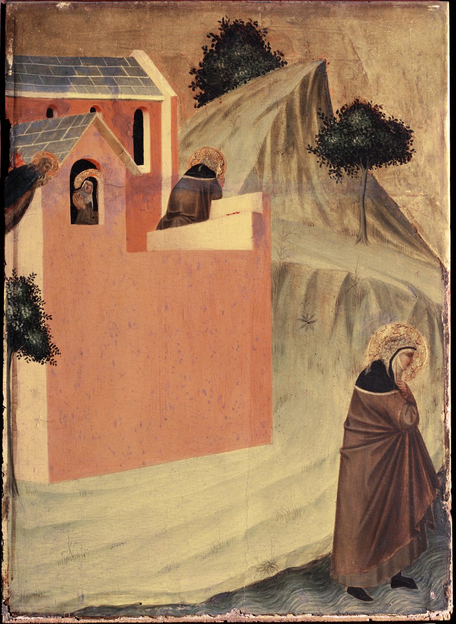 Święty opuszcza klasztor św Perpetua et przekracza lamonę (Poliptyk z życia św. Pokory) - Detrempe na drewnie XIV wiek autorstwa Pietro Lorenzetti