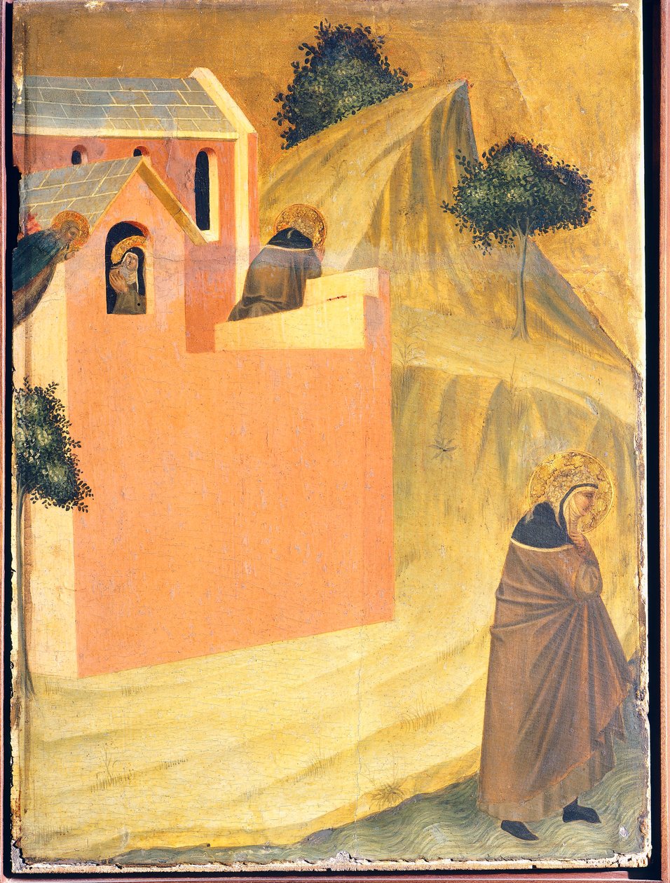 Błogosławiony ucieka z klasztoru i przekracza rzekę Lamone, kafelek na ołtarzu Błogosławionej Pokory, autorstwa Pietro Lorenzettiego (ok. 1280-1348), tempera i złoto na desce. autorstwa Pietro Lorenzetti