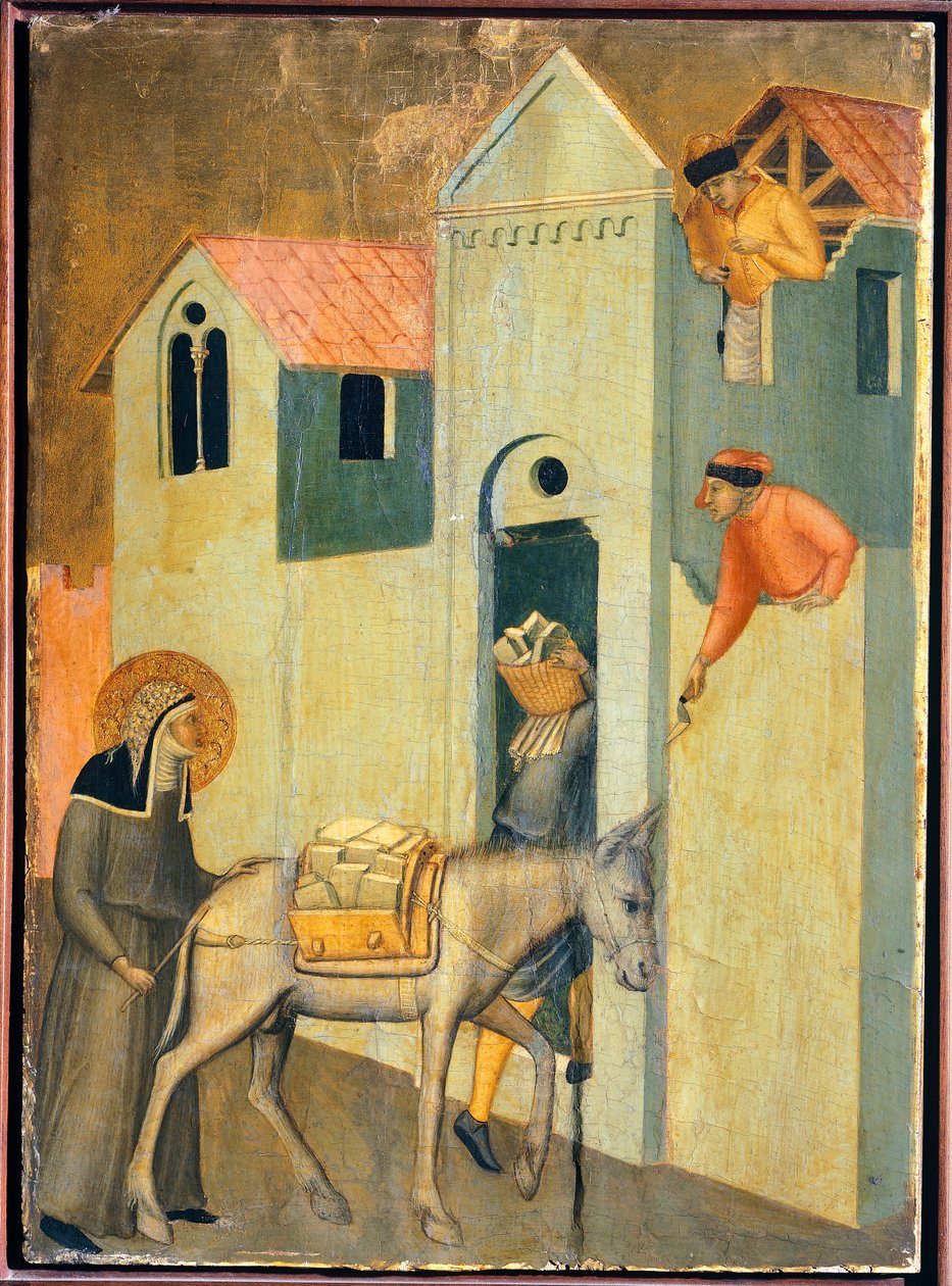 Błogosławiony błaga o materiały do budowy klasztoru, kafelek z ołtarza Błogosławionej Pokory, autorstwa Pietro Lorenzettiego (ok. 1280-1348), tempera i złoto na desce. autorstwa Pietro Lorenzetti