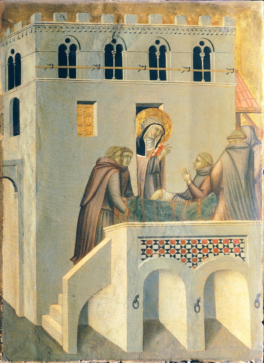 Błogosławiony uzdrawia stopę mnicha z opactwa Vallombrosa, kafelek z ołtarza Błogosławionej Pokory, autorstwa Pietro Lorenzettiego (ok. 1280-1348), tempera i złoto na desce. autorstwa Pietro Lorenzetti
