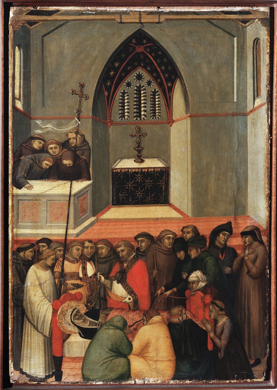 Ekshumowane ciało św. Pokory nienaruszone (Poliptyk z życia św. Pokory) - Detrempe na drewnie XIV wiek autorstwa Pietro Lorenzetti