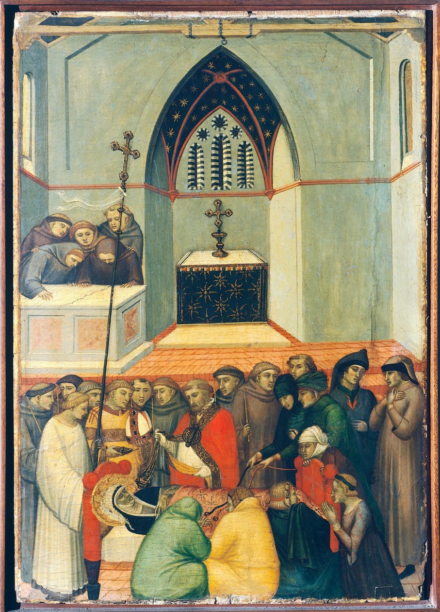 Ekshumowane ciało błogosławionego odnaleziono nienaruszone i świeże, kafelki na ołtarzu Błogosławionej Pokory autorstwa Pietro Lorenzettiego (ok. 1280-1348), tempera i złoto na desce. autorstwa Pietro Lorenzetti