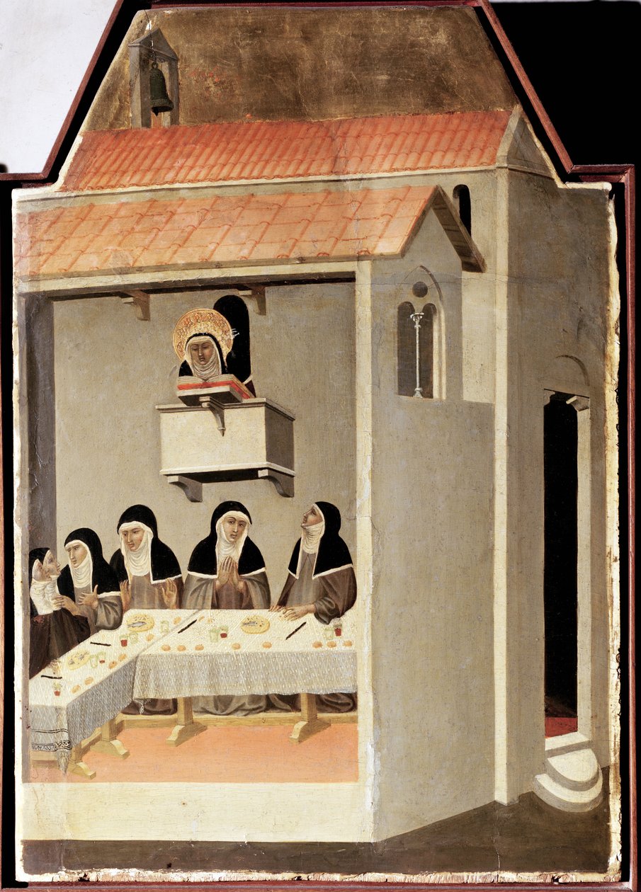 Niepiśmienny święty cudownie czyta (Poliptyk z życia św. Pokory) - Detrempe na drewnie XIV wiek autorstwa Pietro Lorenzetti