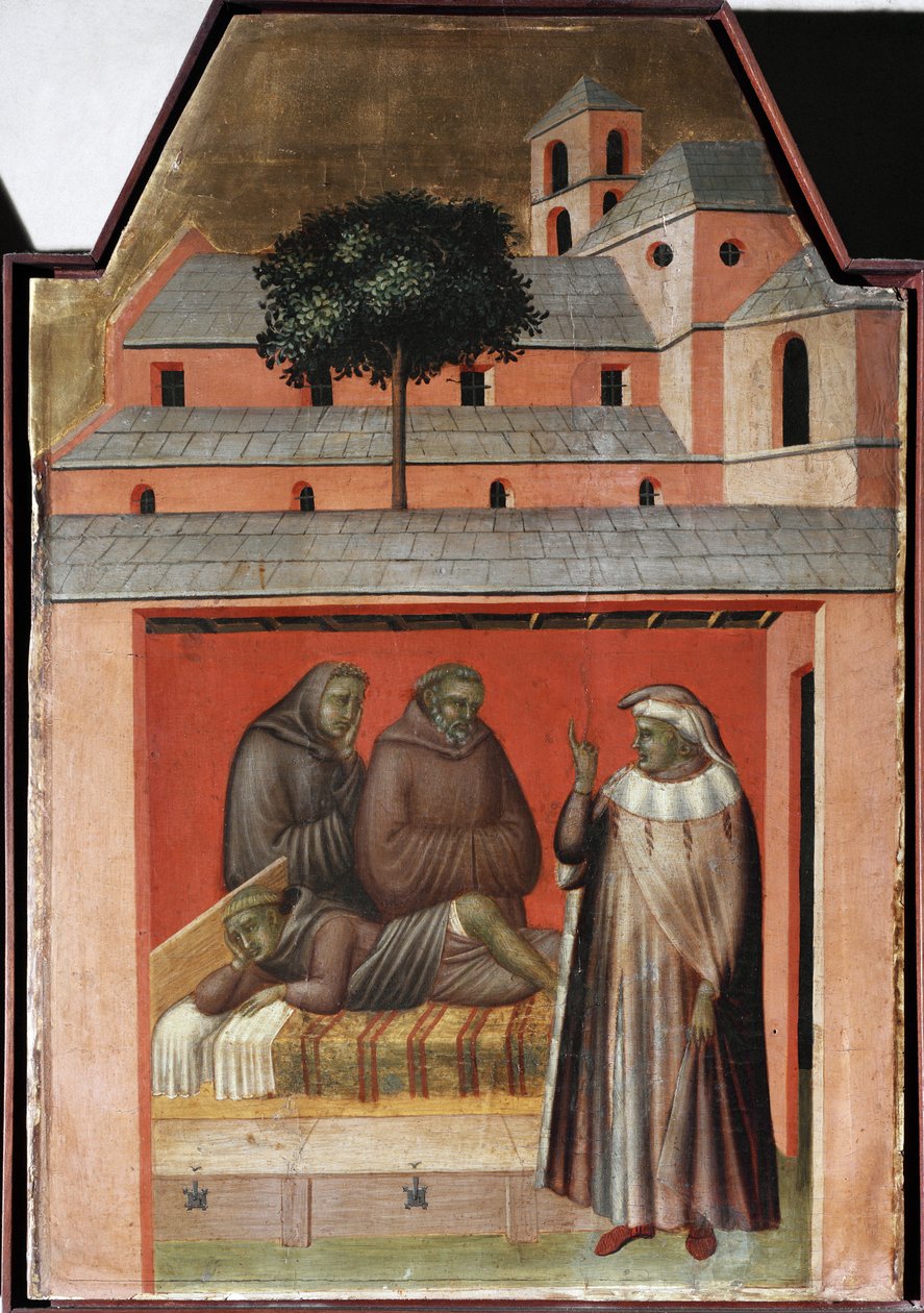 Święty przynosi cegły na budowę nowego klasztoru we Florencji (szczegół życia poliptyku św. Pokory) - Detrempe na drewnie autorstwa Pietro Lorenzetti