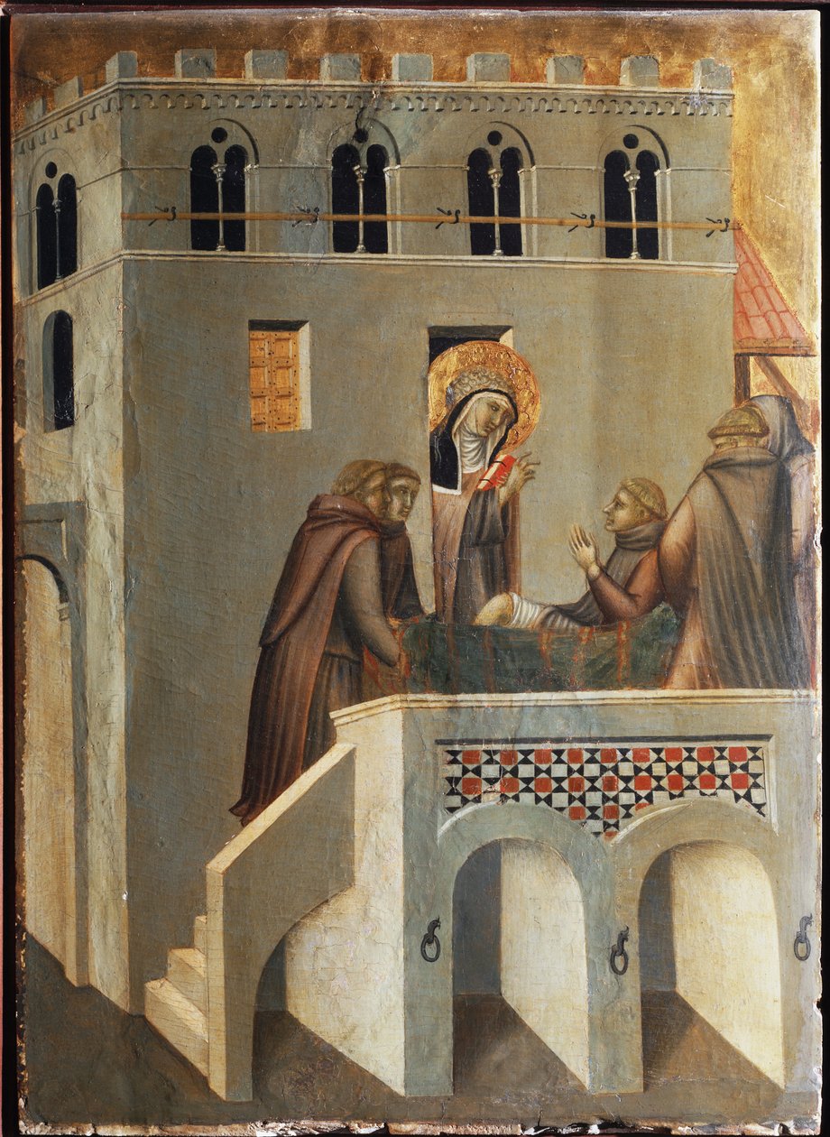 Święty leczy stopę mnicha (Poliptyk z życia św. Pokory) - Detrempe na drewnie XIV wiek autorstwa Pietro Lorenzetti