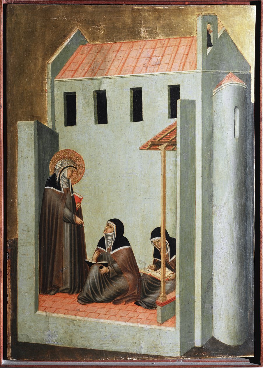 Święta dyktuje jej kazania (Poliptyk z życia św. Pokory) - Detrempe na drewnie XIV wiek autorstwa Pietro Lorenzetti