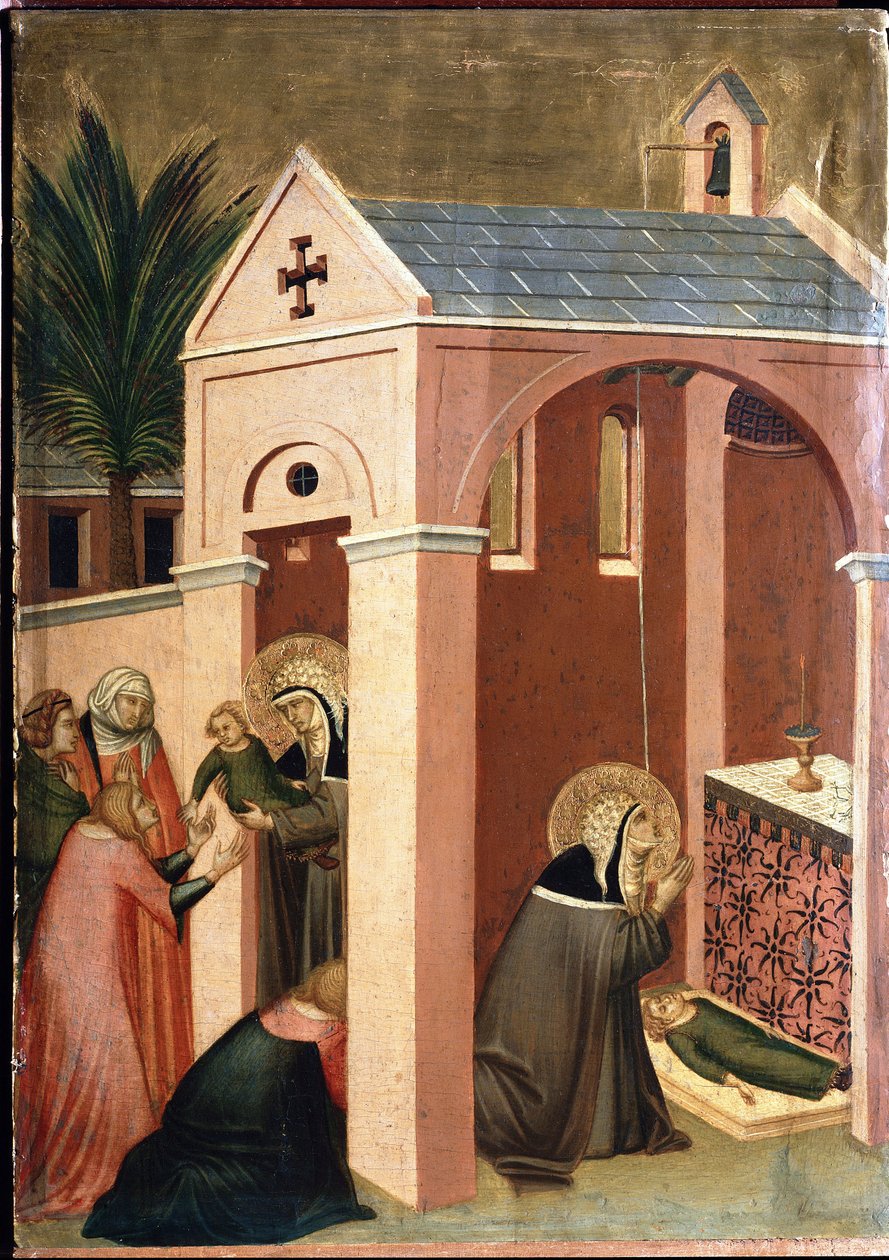 Święty wskrzesza syna szlachcica (Poliptyk z życia św. Pokory) - Detrempe na drewnie XIV wiek autorstwa Pietro Lorenzetti