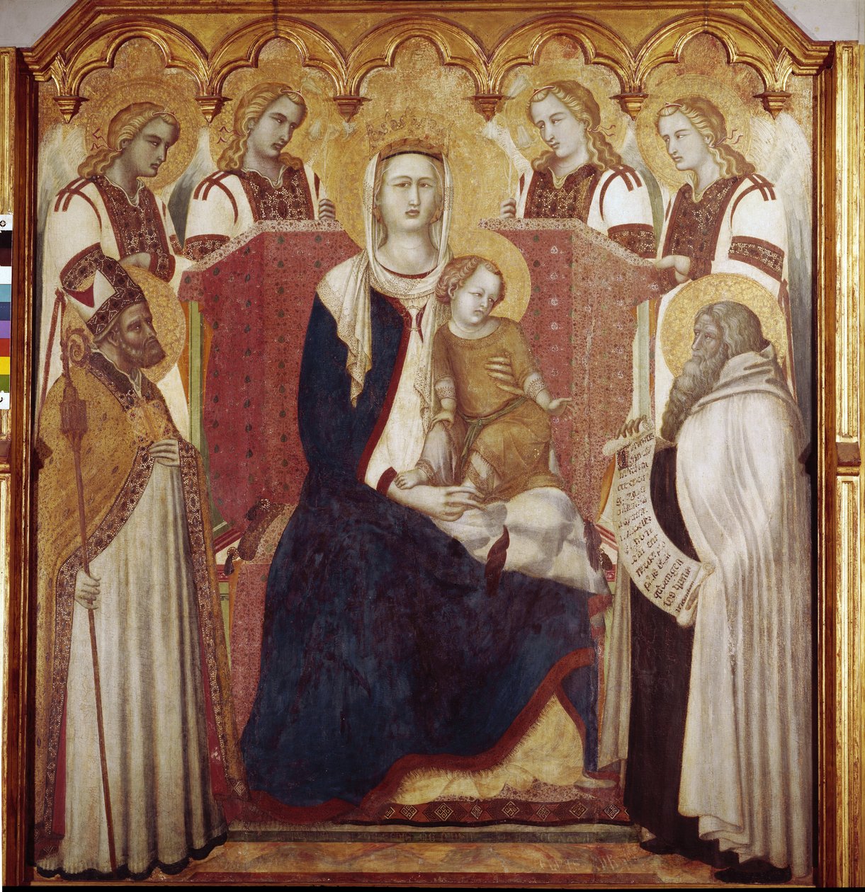 Dziewica z Dzieciątkiem między św. Mikołajem a św. Eliaszem. Centralny panel, Ołtarz Karmelu (Tempera na drewnie) autorstwa Pietro Lorenzetti