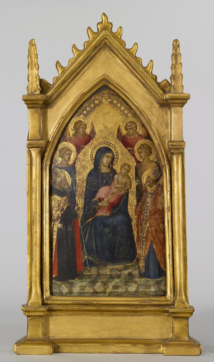 Dziewica z Dzieciątkiem ze świętymi Augustynem, Mikołajem, Katarzyną, Łucją i Aniołami, ok. 1340-45 (tempera i złoty płatek na desce) autorstwa Pietro Lorenzetti