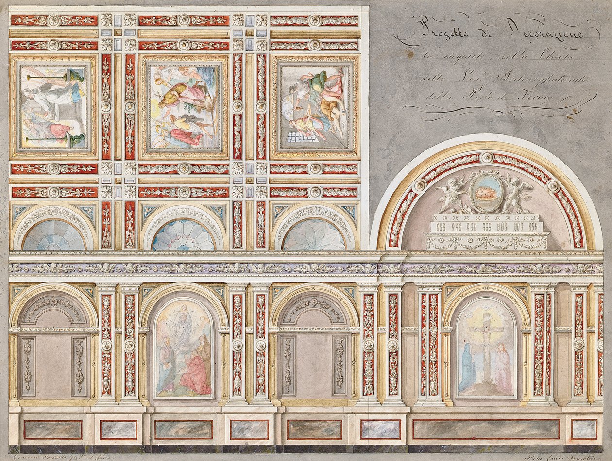 Studium fresku autorstwa Giacomo Cordelli we wnętrzu Chiesa della Pieta, Fermo (ołówek, długopis i brązowy tusz i w/c na papierze) autorstwa Pietro Lucchini
