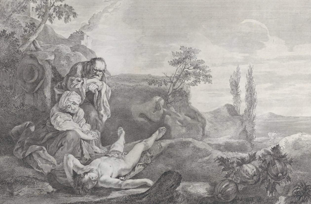 Adam i Ewa po lewej, jako starsza para, opłakuje zwłoki Abla, który leży w l..., 1743-63. autorstwa Pietro Monaco