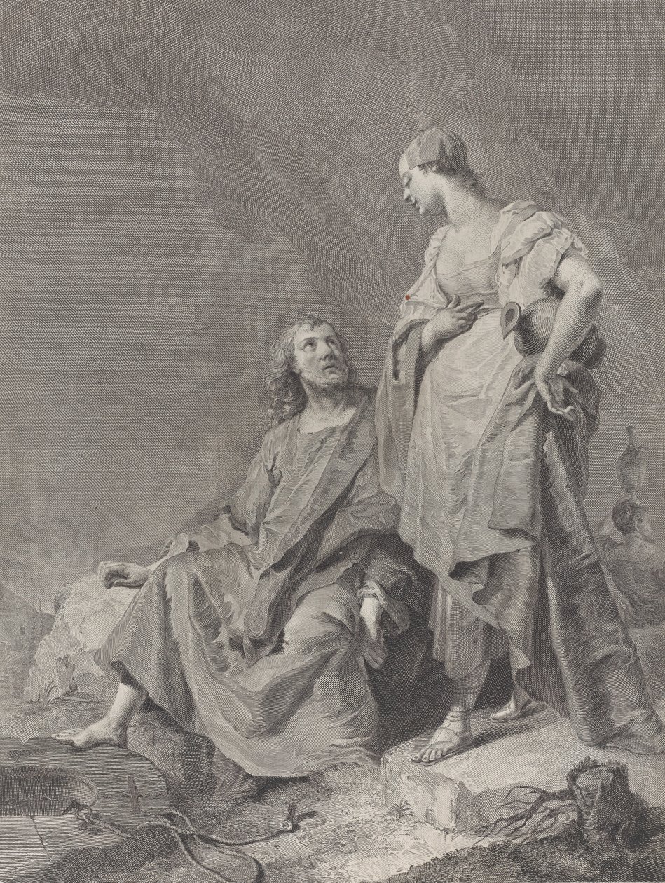 Chrystus i niewiasta Samarii przy studni, z serii 112 druków sakralnych..., 1743-63 autorstwa Pietro Monaco