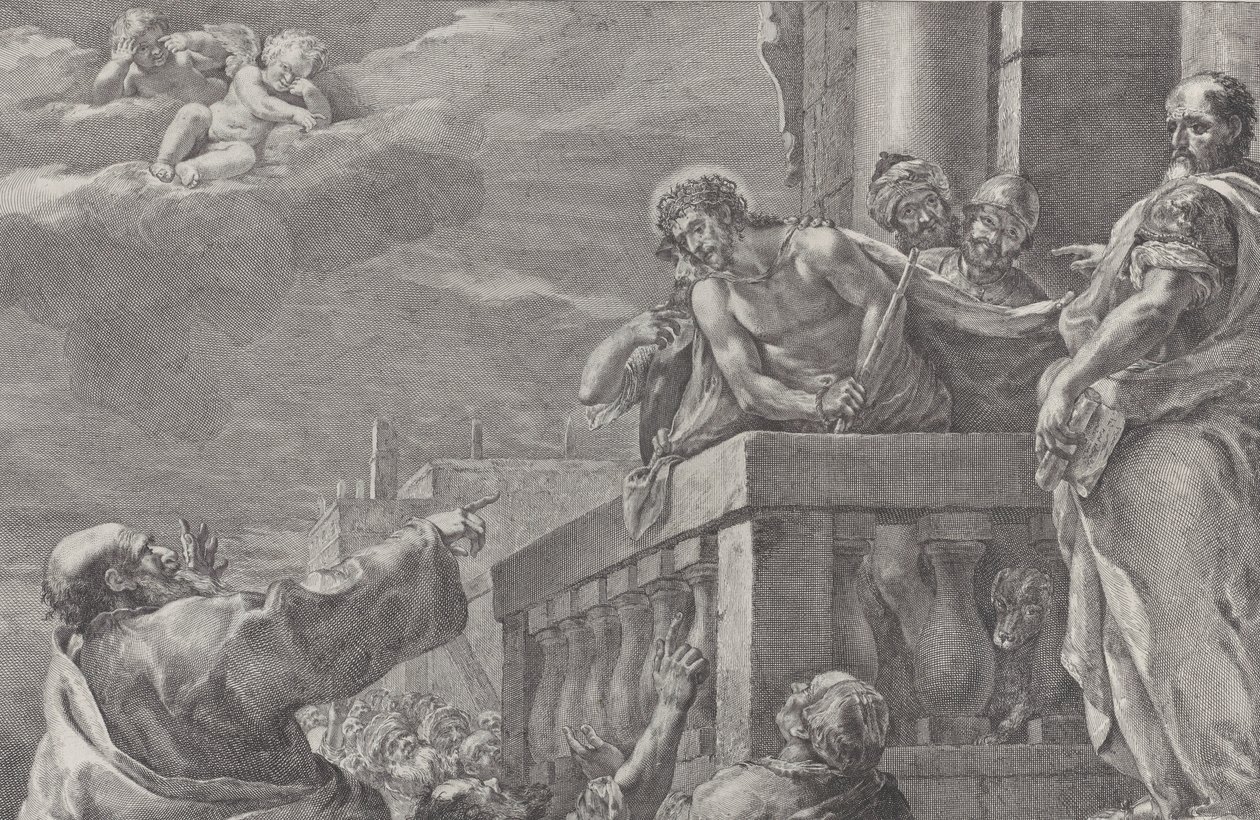 Chrystus na balkonie otoczony przez strażników, po prawej stoi Piłat gestem towa..., ok. godz. 1730-39. autorstwa Pietro Monaco