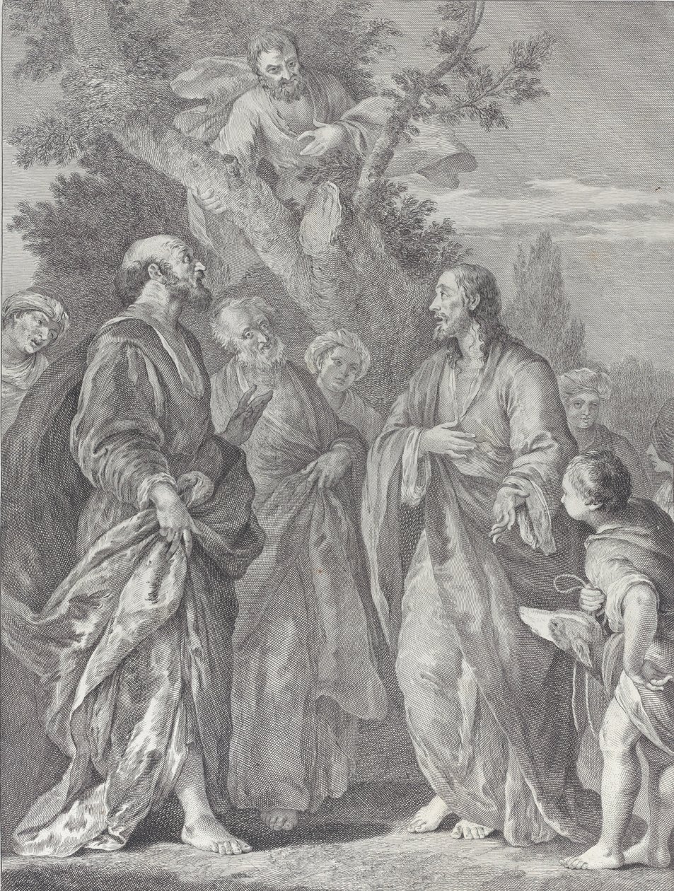 Nawrócenie Zacheusza, z Chrystusem po prawej zwracając się do poborcy podatkowego, którego siedziba..., 1730-39. autorstwa Pietro Monaco
