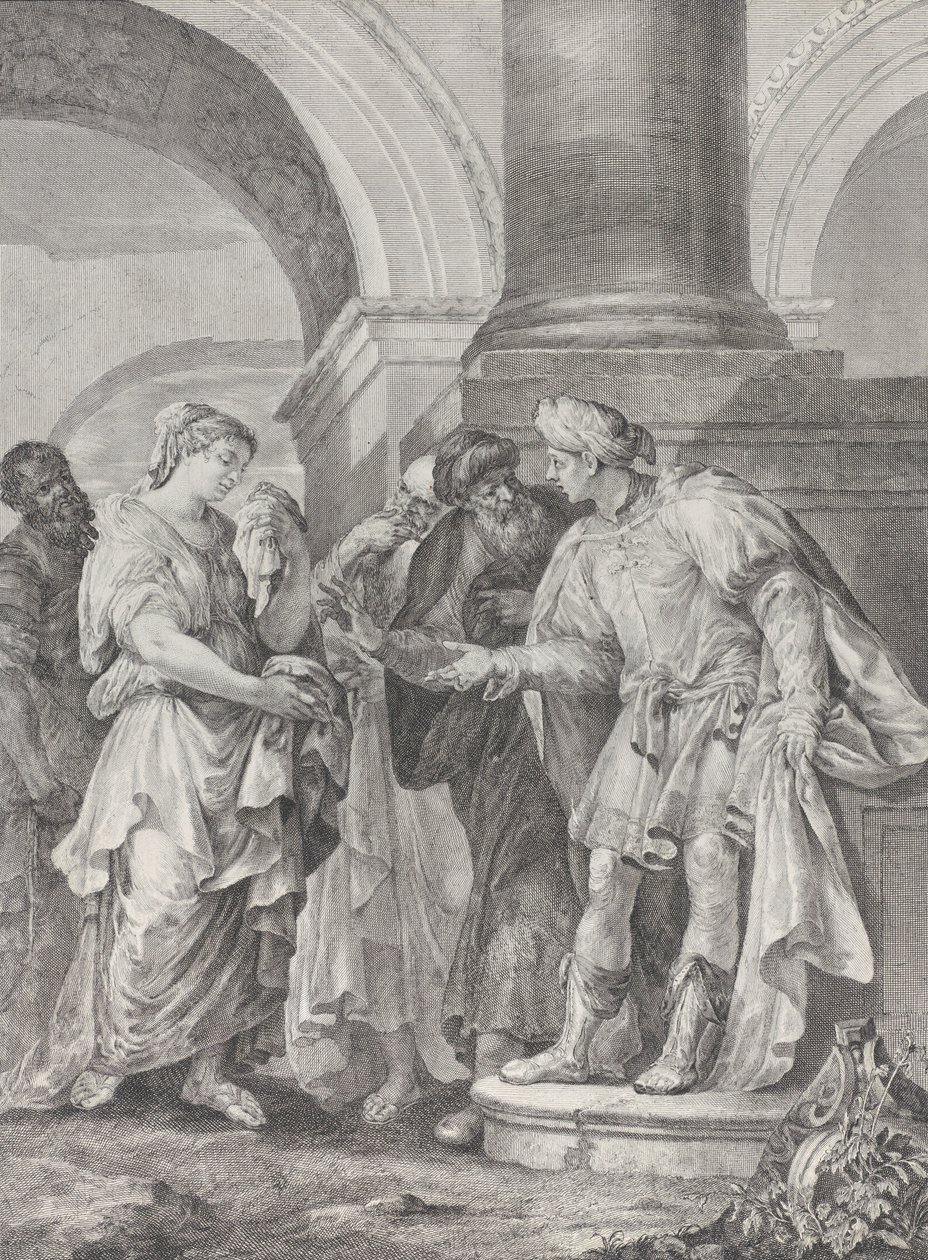 Daniel kłóci się ze starszyzną, podczas gdy Susanna stoi po lewej, 1732-50. autorstwa Pietro Monaco