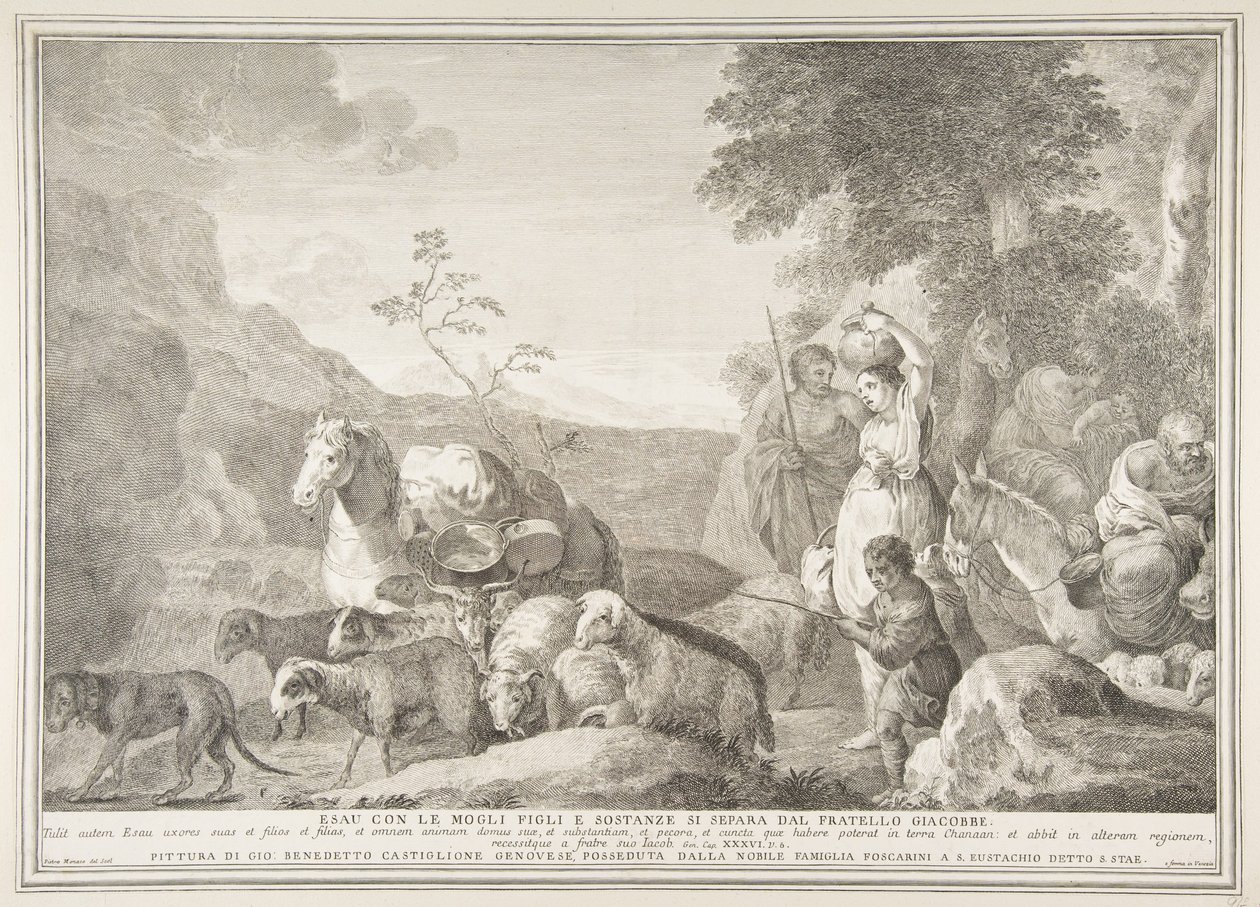 Ezaw i jego rodzina rozstają się z Jakubem Ezaw z jego żonami, synami i substancjami sepa..., 1743-63. autorstwa Pietro Monaco