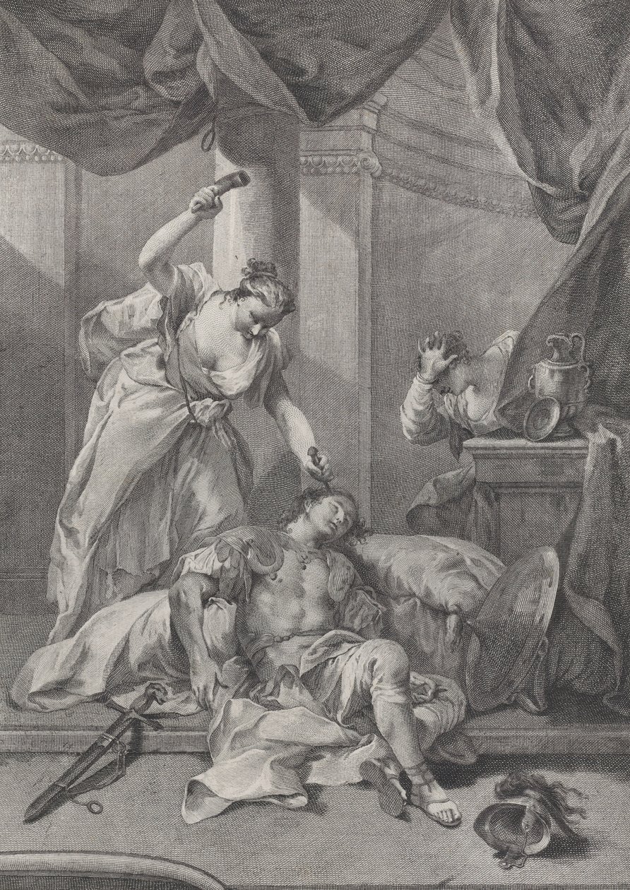 Jael wbija kołek namiotu w skroń śpiącego Sysery, po prawej stronie. 1730-39. autorstwa Pietro Monaco