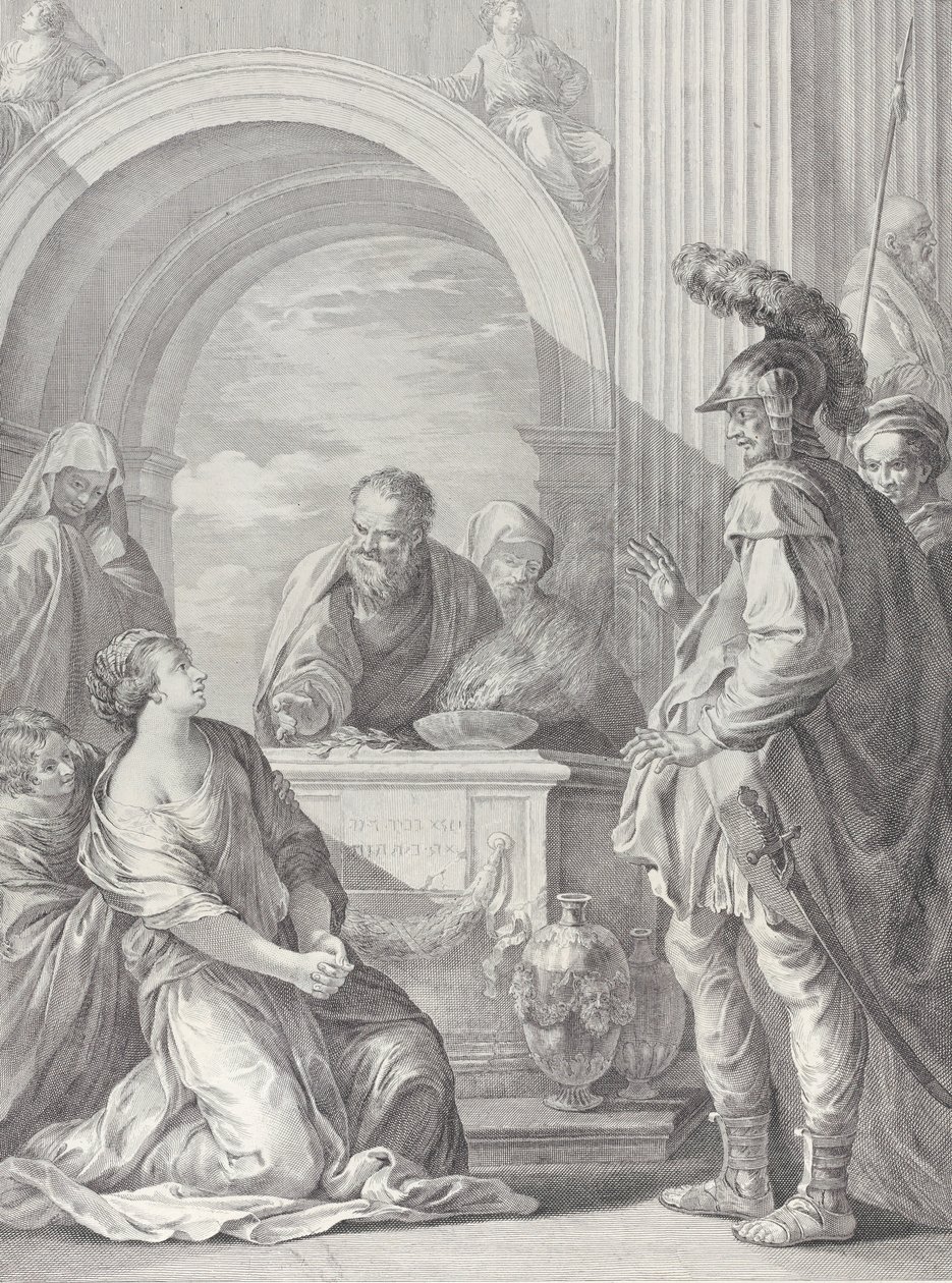 Córka Jeftego klęczy przy ołtarzu ofiarnym, a ojciec stoi w prawo..., 1730-50. autorstwa Pietro Monaco