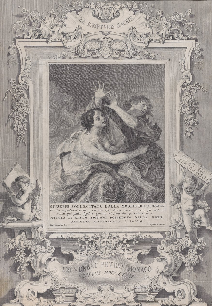 Żona Józefa i Potyfara, w ozdobnej ramie, 1739. autorstwa Pietro Monaco