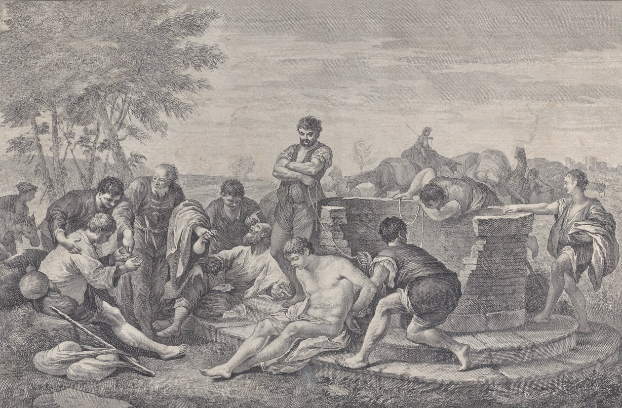 Józefa sprzedany w niewolę przez braci, którzy siedzą wokół studni dzielącej c..., 1730-39. autorstwa Pietro Monaco