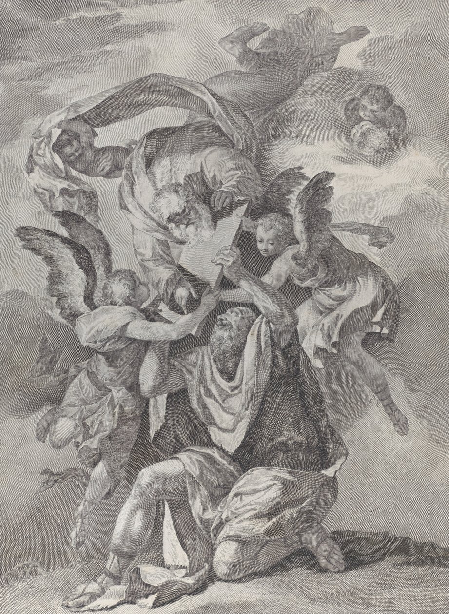 Mojżesz otrzymujący Tablice Prawa od Boga, który zstępuje z niebios, od... ok. godz. 1730-39. autorstwa Pietro Monaco