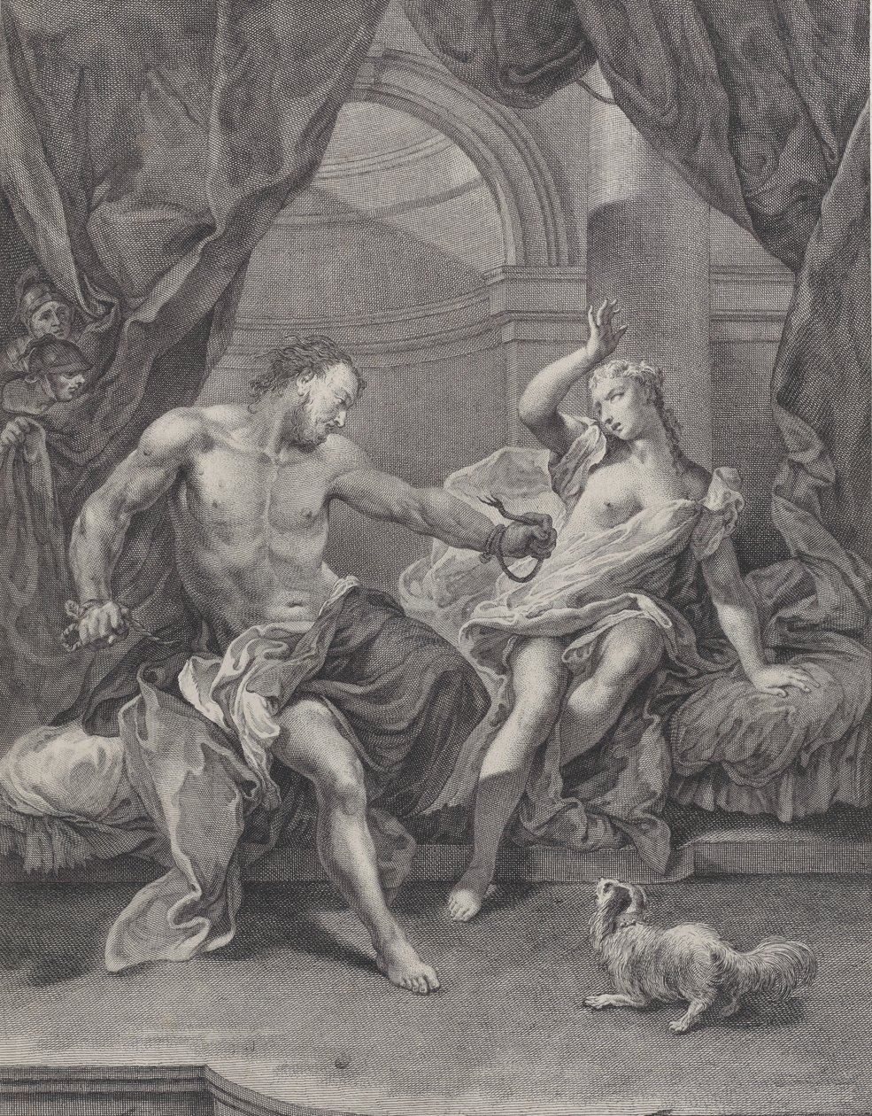 Samson i Dalila siedzą na łóżku, Samson rozrywa liny wiążące mu rękę..., ca. 1730-39. autorstwa Pietro Monaco