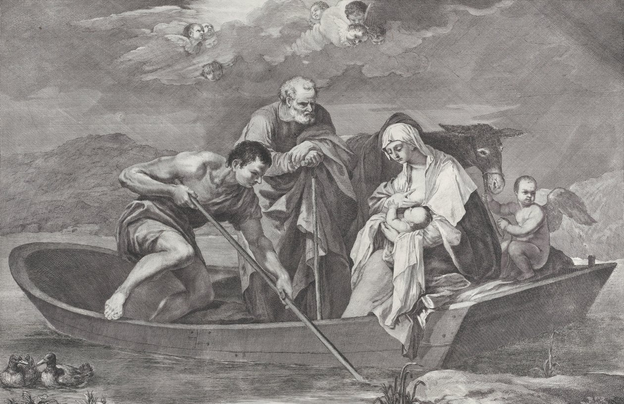 Lot do Egiptu ze Świętą Rodziną w łodzi, 1730-50. autorstwa Pietro Monaco