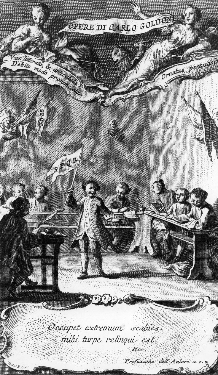 Carlo Goldoni macha flagą w celu uczczenia roku w szkole jezuickiej w Perugii, z „Opere di Carlo Goldoni”, rytego przez Antonio Barattiego, 1761 autorstwa Pietro Novelli