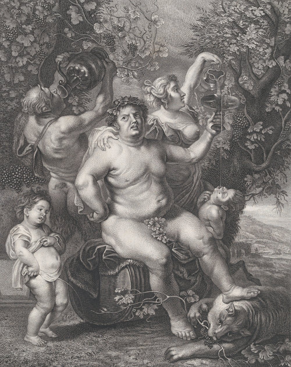 Bachus siedzący na beczce przed winoroślami, z bachantkami, satyrami i dziećmi s..., 1758. autorstwa Pietro Peiroleri