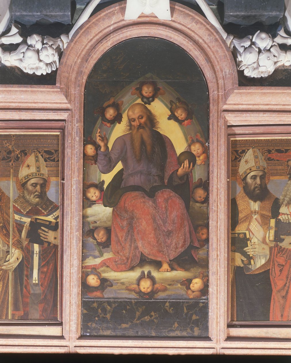Włochy, Lombardia, Pavia Charterhouse (Certosa), druga kaplica od lewej, poliptyk z Benedyktem Wiecznym Ojcem autorstwa Pietro Vannucci lub Perugino autorstwa Pietro Perugino