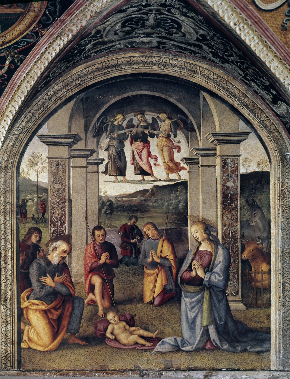 La nativite (szopka) Fresco Pietro Vannucci dit il Perugino (Perugin) (1448-1523) 1498 Wymiary 264x225 cm Perugia Collegio del Cambio autorstwa Pietro Perugino