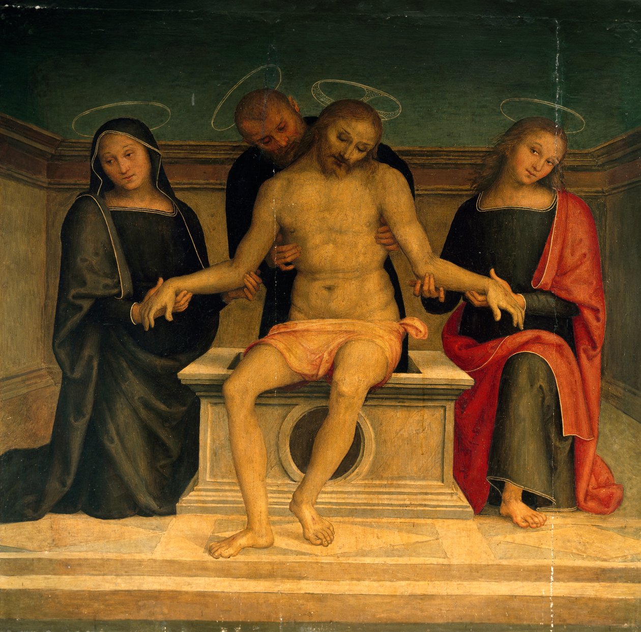 Opłakiwanie zmarłego Chrystusa, autorstwa Perugino (ok. 1450-1523), fresk, bazylika św. Piotra, Perugia, Umbria. Włochy autorstwa Pietro Perugino