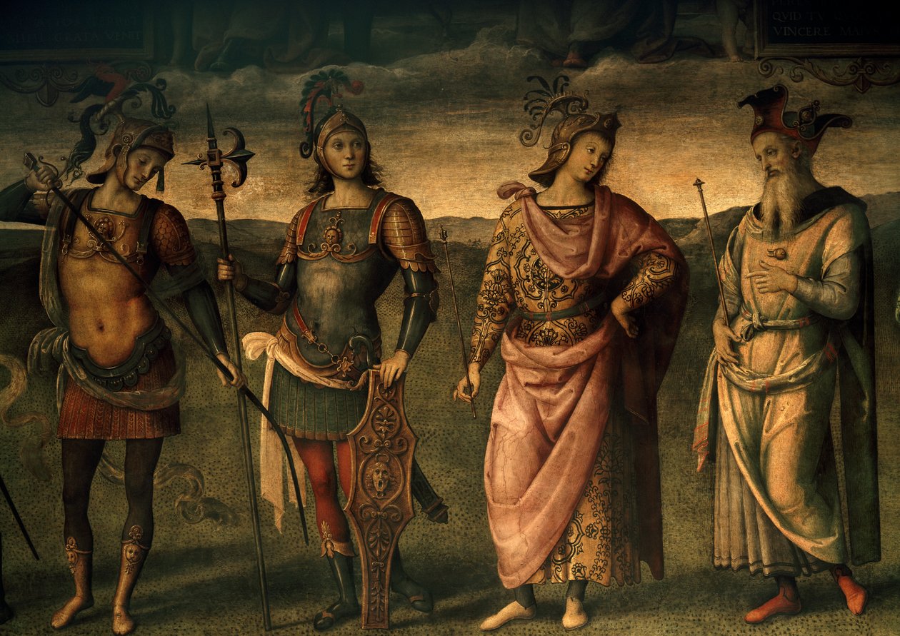 Leonidas Lacedemonian, Horatius Cocles, Publius Scipio, Perykles z Aten, Alegorie męstwa i wstrzemięźliwości z sześcioma antycznymi bohaterami autorstwa Pietro Perugino