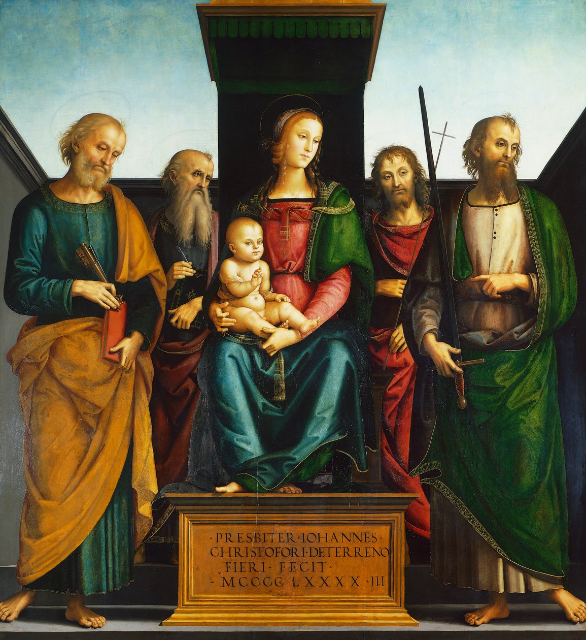 Madonna z Dzieciątkiem na tronie ze świętymi Janem Chrzcicielem, Piotrem, Pawłem i Janem Ewangelistą, autorstwa Pietro Perugino (ok. 1450-1523) autorstwa Pietro Perugino