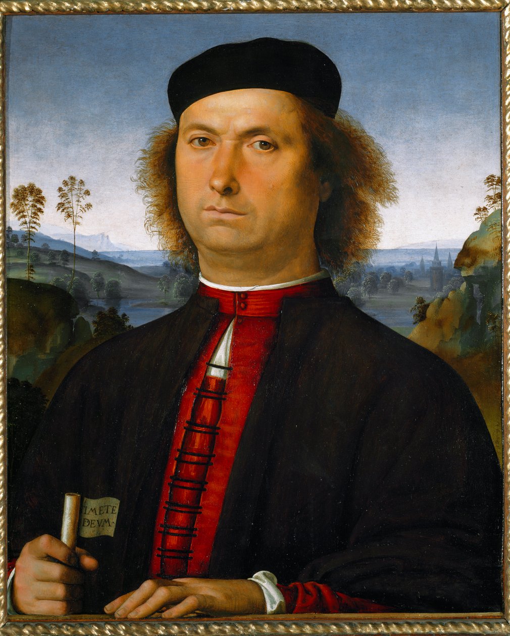 Portret Francesco delle Operere. Trzyma zwój z napisem „Timete deum” (Bój się Boga) autorstwa Pietro Perugino