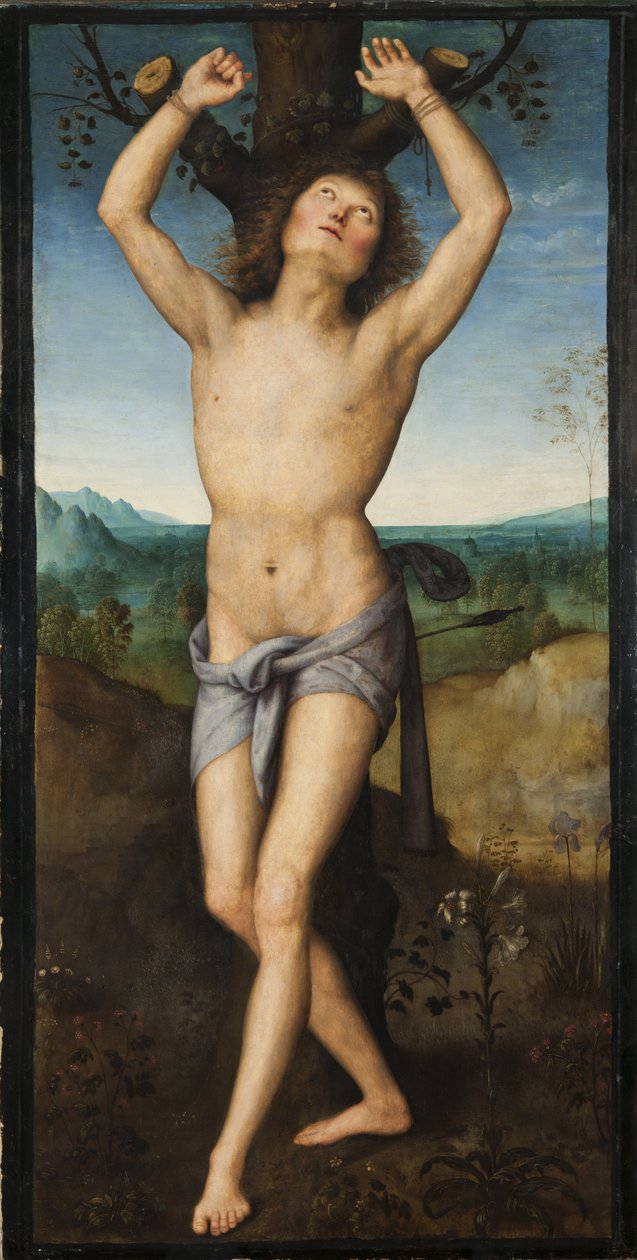 Święty Sebastien - Święty Sebastian, przez Perugino (ok. 1450-1523). Olej na drewnie. Wymiar: 174x88 cm. Muzeum Narodowe w Sztokholmie autorstwa Pietro Perugino