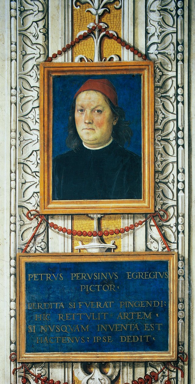 Autoportret i tabliczka tytułowa autorstwa Pietro Perugino