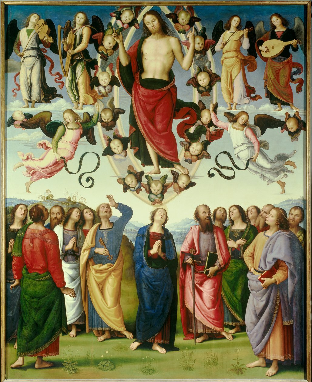 Wniebowstąpienie Chrystusa Malowidło autorstwa Pietro Vannucci dit Il Perugino (Perugin) (1450-1523) 1496 nd. 3,25x2,65 m Lyon, Muzeum Sztuk Pięknych - Wniebowstąpienie Chrystusa. Obraz Pietro Vannucciego zwany Il Perugino (1450-1523) autorstwa Pietro Perugino