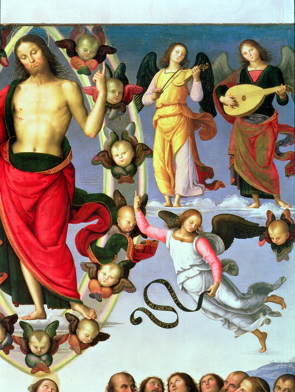 Wniebowstąpienie Chrystusa, fragment Chrystusa i aniołów muzyków, górna prawa część, 1495-98 olej na detalu panelu 89700 autorstwa Pietro Perugino