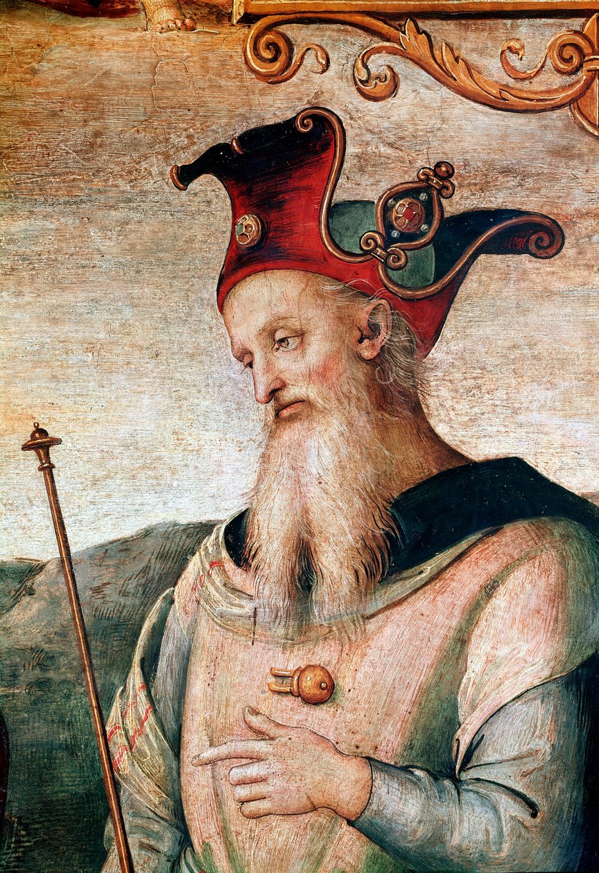 Grecka strategia i mąż stanu Perykles (495-429 pne) Fragment fresku „Siła i wstrzemięźliwość z sześcioma starożytnymi bohaterami” autorstwa Pietro Vannucci dit il Perugino (Perugin autorstwa Pietro Perugino