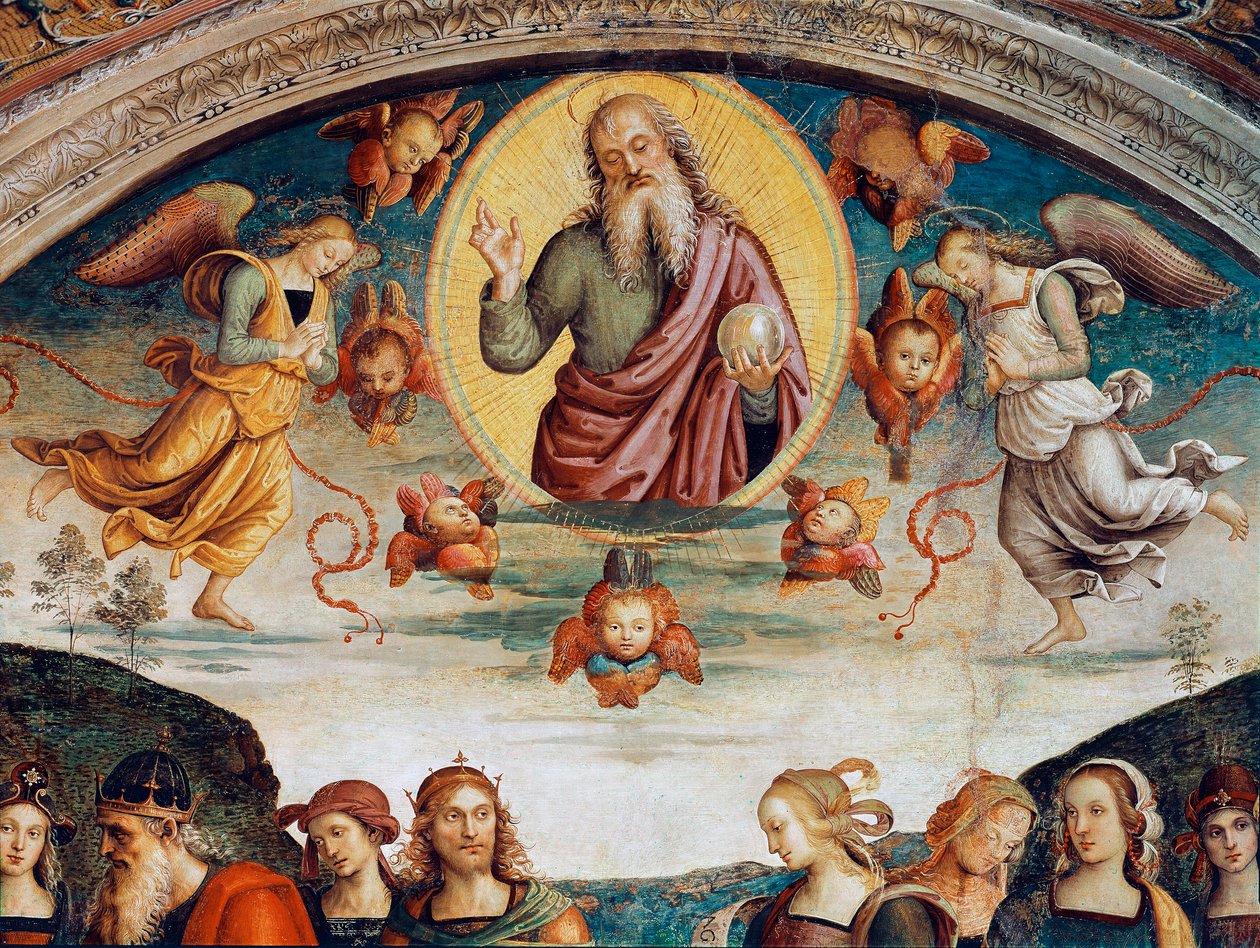 Pan otacza proroctwa i sybille Szczegół reprezentujący Pana Wszechmogącego. Fresk Pietro Vannucci dit il Perugino (Perugin) (1448-1523) 1500 wym. 229x370 cm Perugia, Collegio del Cambio autorstwa Pietro Perugino