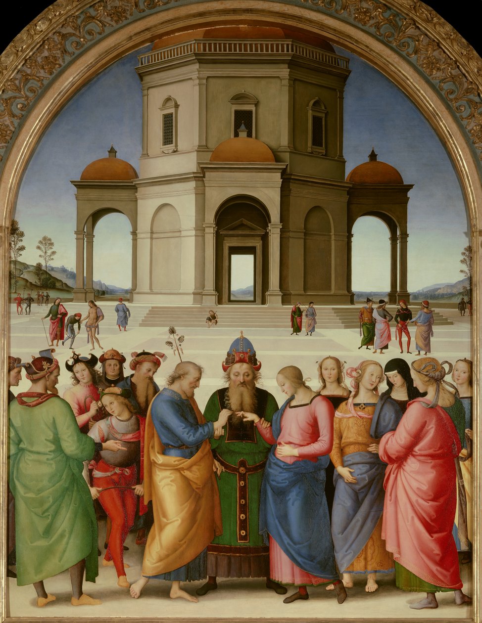 Wesele Dziewicy Obraz Pietro Vannucci dit Il Perugino (Perugin) (1450-1523) 1504 nd. 2,36x1,86 m - Caen, Muzeum Sztuk Pięknych - Wesele Dziewicy - Obraz Pietro Vannucci, zwany Il Perugino (1450-1523), olej na drewnie (234 x 18 autorstwa Pietro Perugino