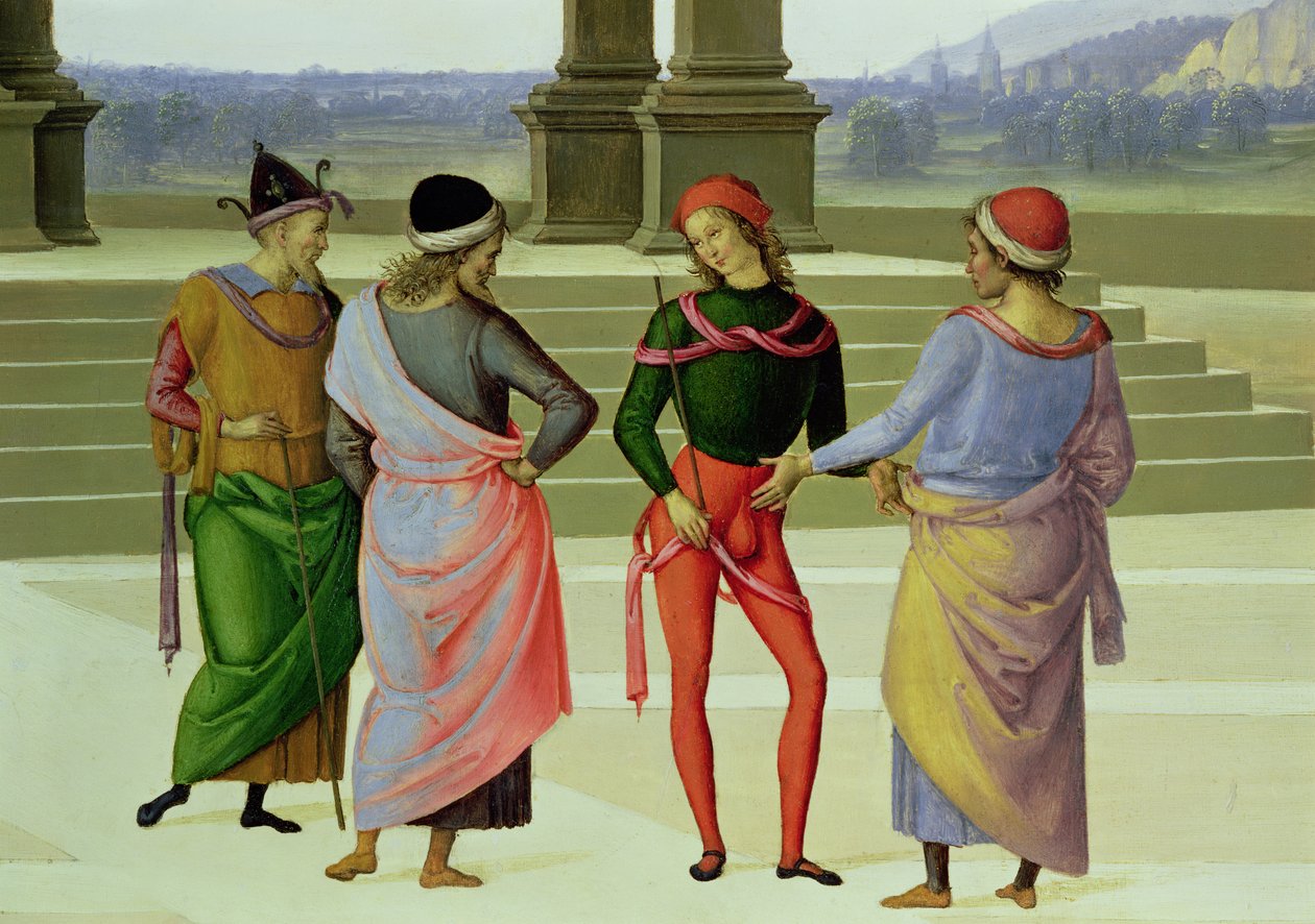 Wesele Dziewicy, fragment czterech rozmawiających mężczyzn, 1500-04 olej na płótnie, fragment 53750 autorstwa Pietro Perugino