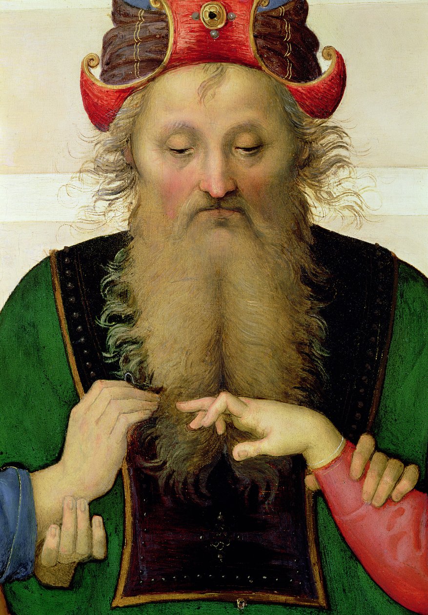 Wesele Dziewicy, detal arcykapłana, 1500-04 olej na płótnie detal 53750 autorstwa Pietro Perugino